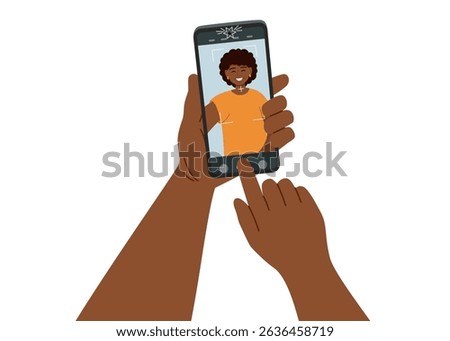 Concept of selfie on smartphone camera. Taking a photo by a phone camera. Black skin woman holding smartphone and taking a photo. Vector hand drawn clipart isolated on white.