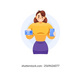 concept of selfie with personal data. taking a picture of yourself with an ID card. illustration of a woman holding an identity card and smartphone. expression and gesture. flat style character design