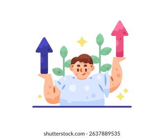 concept of self-improvement and development. personal growth. increasing ability and performance. keep growing. illustration of a man with an upward arrow symbol. flat style character design