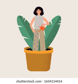 Concepto de automejora, desarrollo personal, autoayuda. Joven regándose en una olla de flores. Ilustración vectorial plana de una persona desarrollándose en la vida empresarial o personal