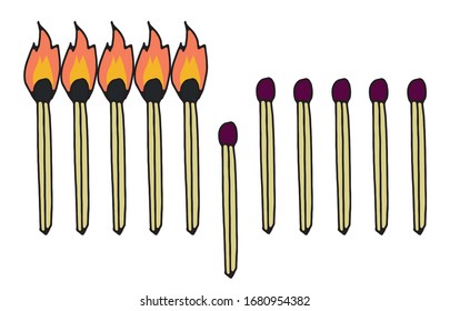 Concept of self-isolation to prevent the spread of coronavirus. Broken chain of burning matches. Vector illustration, isolated on white background. Doodle style.