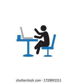  The concept of self-isolation. Stick man works from home during covid-19. Prevention of coronavirus. Social distancing.