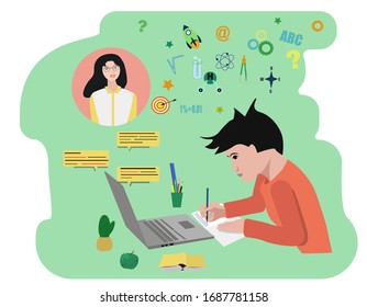 The concept of self-isolation. A young person studies from home during Covid-19. Everyone goes home. Distance learning from home during quarantine. Vector flat illustrations.