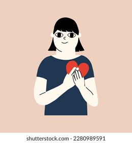 The concept of self-love, self-care. The girl holds a heart in her hands. Vector illustration in hand drawn style.