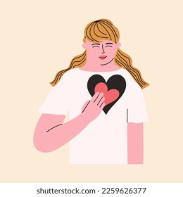 The concept of self-love, sincerity, kindness, sincerity. The woman puts her heart inside herself. Vector hand drawn illustration