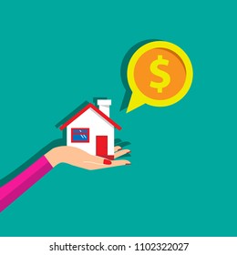 concept of selling a house. A hand holds a house and a dollar coin. vector illustration