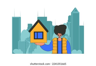 Concept Selling and owning a house. An attractive realtor guy is selling a house.
