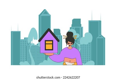 Concept Selling and owning a house. An attractive realtor girl is selling a house.