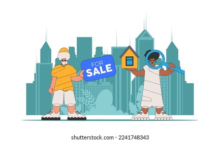 Concept Selling and owning a house. Guy and girl realtor sells a house.