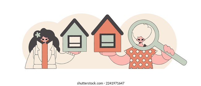 Concept Selling and owning a house. Guy and girl realtor sells a house.