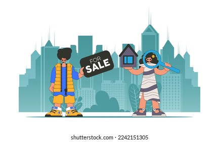 Concept Selling and owning a house. Guy and girl real estate agent sells a house.