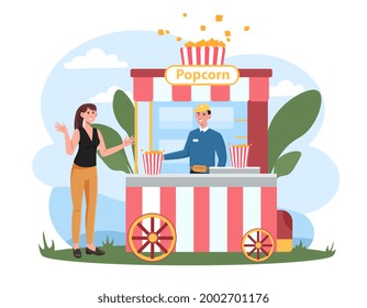 Concept of selling popcorn. Seller stands behind a mobile counter and offers the girl popcorn. A delicious crunchy corn snack. Modern cartoon flat vector illustration isolated on a white background