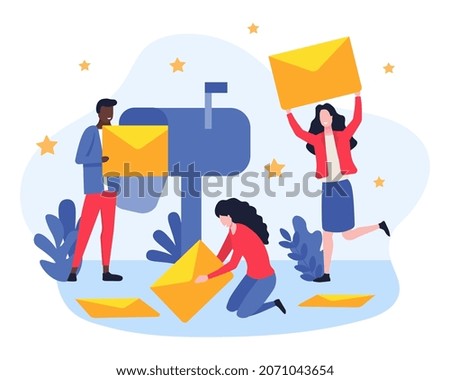 Concept of sending mail. Characters with letters in their hands stand by mailbox. Advertising, marketing. Company introduces its new products to regular customers. Cartoon flat vector illustration