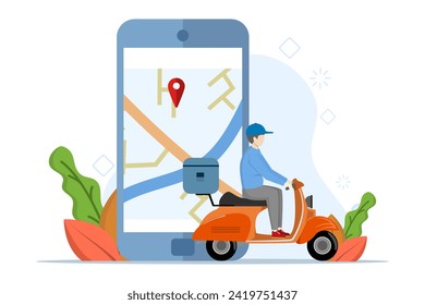The concept of sending a package to a destination. A man rides a scooter with a box. Package delivery tracking notification on phone metaphor. flat vector illustration on white background.