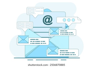 Das Konzept des Sendens und Empfangens von E-Mail-Nachrichten, soziale Netzwerke, Chat. E-Mail-Dienste mit Korrespondenzzustellung. E-Mail-Services mit Korrespondenzzustellung, E-Mail-Nachrichten und Marketing.