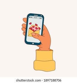 The concept of sending or receiving love messages. Hand holds phone with message and heart, romantic. Finger touch screen. Vector flat cartoon illustration for advertisements, websites, banners, infog