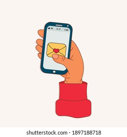 El concepto de enviar o recibir mensajes de amor. Mano sostiene el teléfono con mensaje y corazón, romántico. Pantalla táctil de dedo. Ilustración vectorial de dibujos animados para anuncios, sitios web, banners, infog