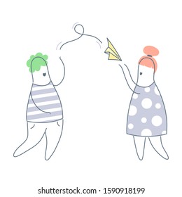 Concept of sending and receiving mail messages, social network, electronic mail message as a part of business marketing and communication. Flying paper plane between two users. Clean line vector