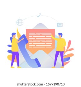 Concept sending and receiving mail messages, social network, chat. Business man and woman holding phone with new incoming letter.