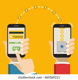 Concept sending and receiving money over mobile phones. Hands holding smartphones with banking payment apps. Vector flat illustration.
