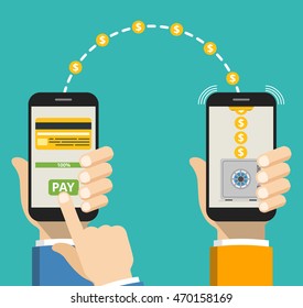 Concept sending and receiving money over mobile phones. Hands holding smartphones with banking payment apps. Vector flat illustration.