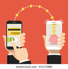 Concept sending and receiving money over mobile phones. Hands holding smartphones with banking payment apps. Vector flat illustration.