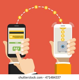 Concept sending and receiving money over mobile phones. Hands holding smartphones with banking payment apps. Vector flat illustration.