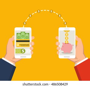 Concept sending and receiving money over mobile phones. Hands holding smartphones with banking payment apps. Vector flat illustration.