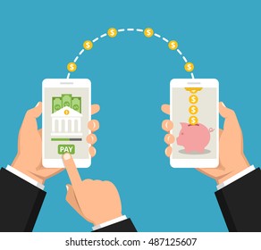 Concept sending and receiving money over mobile phones. Hands holding smartphones with banking payment apps. Vector flat illustration.