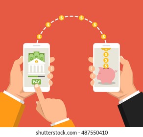 Concept sending and receiving money over mobile phones. Hands holding smartphones with banking payment apps. Vector flat illustration.