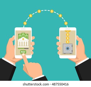 Concept sending and receiving money over mobile phones. Hands holding smartphones with banking payment apps. Vector flat illustration.