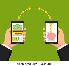 Concept sending and receiving money over mobile phones. Hands holding smartphones with banking payment apps. Vector flat illustration.