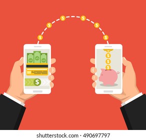 Concept sending and receiving money over mobile phones. Hands holding smartphones with banking payment apps. Vector flat illustration.