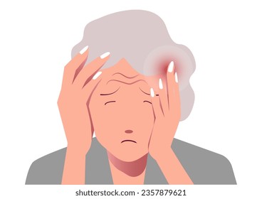 Concept of senior woman suffering headache on white background. Vector illustration.