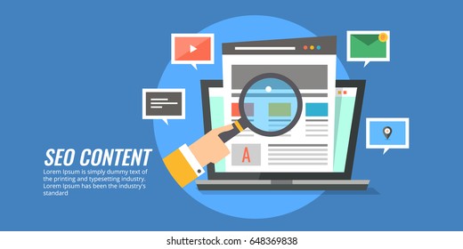 Concept For SEO Content Marketing, Search Optimization Flat Vector