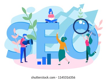 Concept SEO, market research Web site coding, internet search optimization  for web page, banner, presentation, social media, documents. Vector illustration search engine optimization, Web site coding