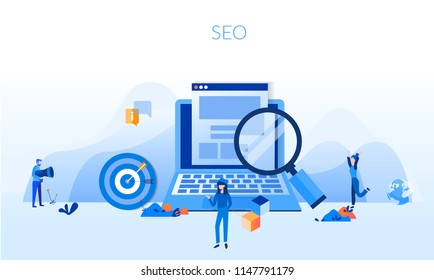 Concept SEO, market research Web site coding, internet search optimization for web page, banner, presentation, social media, documents. Vector illustration search engine optimization, Web site coding