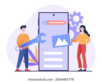 Concept of SEO optimization. Man and girl prescribing tags for picture. Attempt to improve ranking of website by search engine algorithms. Keywords for articles. Cartoon flat vector illustration
