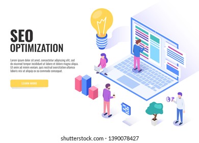 Concept of Seo optimization. Users work near the laptop. Web banner, infographics. Isometric vector illustration.