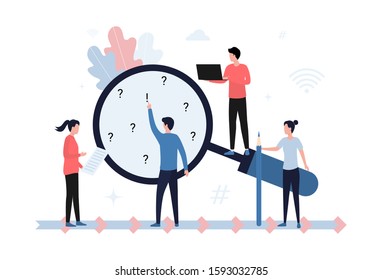 Concept of SEO promotion, research, marketing, analytics, data collection, business development strategy, search for answers. Young employees ask questions and answer them. Flat vector illustration.