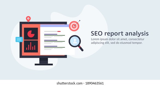 Concepto de análisis de informes SEO, rendimiento de sitios web, tráfico SEO, informe de marketing digital - ilustración conceptual vectorial con iconos