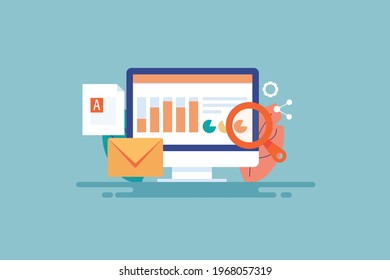 Concept of SEO report, SEO analytics, Marketing data, Content research, Digital strategy, Online traffic - flat design vector illustration with icons
