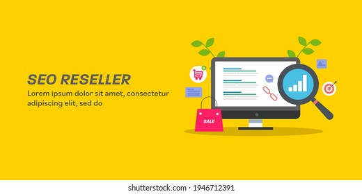 Concept SEO reseller, Reseller program, SEO services, Digital marketing agency - conceptual vector illustration with icons and texts