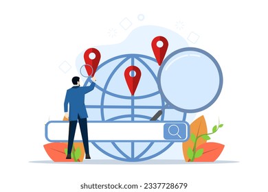 concept of SEO, Search engine optimization and web analytics elements. Vector interface element with search button, SEO. trend search optimization, flat vector illustration on a white background.