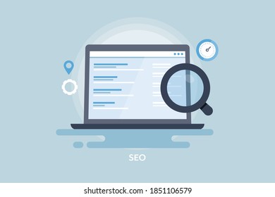 Concept of SEO, Search engine result page, Search engine ranking on laptop screen - flat design vector banner with icons