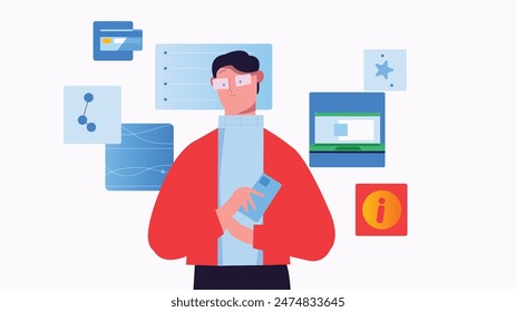 Concept of SEO. Specialist enters key articles, website optimization for search engines, algorithms, digital, template. Cartoon flat vector illustration.