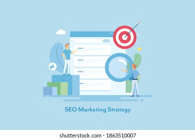 Concepto de estrategia SEO, desarrollo de marketing SEO, búsqueda web - ilustración vectorial con iconos y caracteres