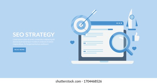 Concept of SEO Strategy - Search optimization - Digital marketing - flat design vector illustration with icons and texts