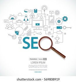 Concept of seo technology, web traffic optimization, conversions marketing.Flat thin line design vector illustration