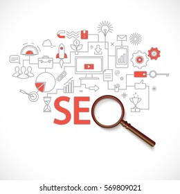 Concept of seo technology, web traffic optimization, conversions marketing.Flat thin line design vector illustration